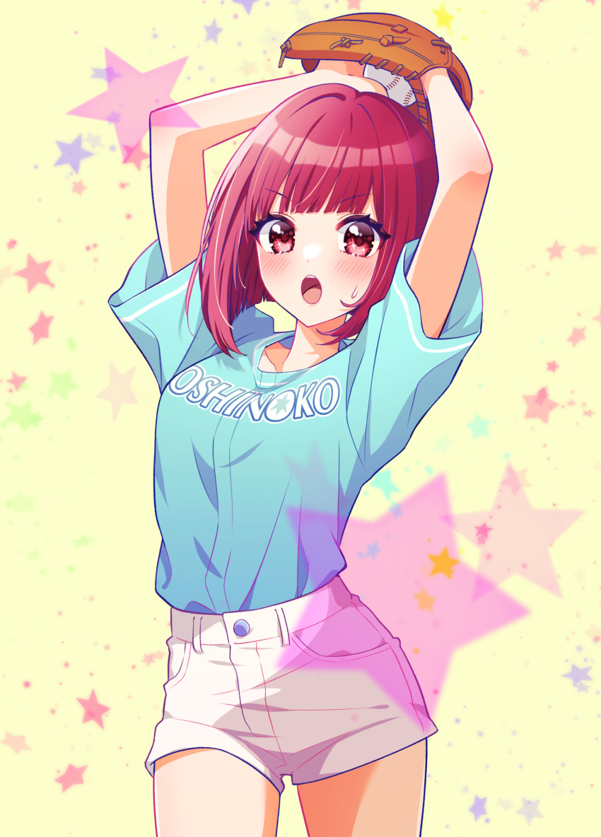1girl, :o, absurdres, arima_kana, arms_up, baseball, baseball_glove, baseball_uniform