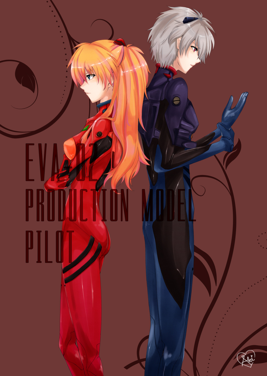 1boy, 1girl, back-to-back, blue_eyes, grey_hair, highres, latex, long_hair, mecha_pilot_suit, minagi_aki, nagisa_kaworu, neon_genesis_evangelion, orange_hair, plugsuit_(evangelion), red_eyes, souryuu_asuka_langley, usamii