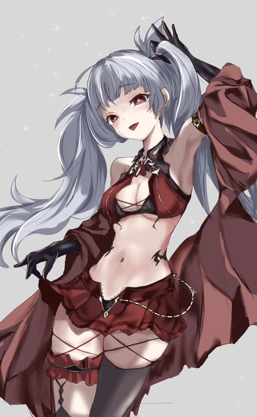 1girl, arm_belt, arm_up, armpits, asymmetrical_legwear, azur_lane, bare_shoulders, black_gloves