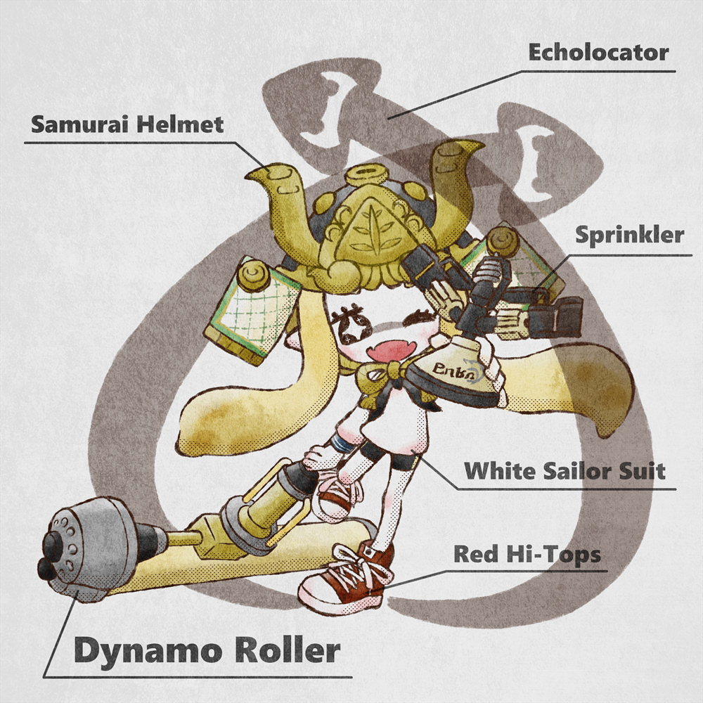 1girl, armor, black_shorts, blonde_hair, bow, dynamo_roller_(splatoon), echolocator_(splatoon), english_text