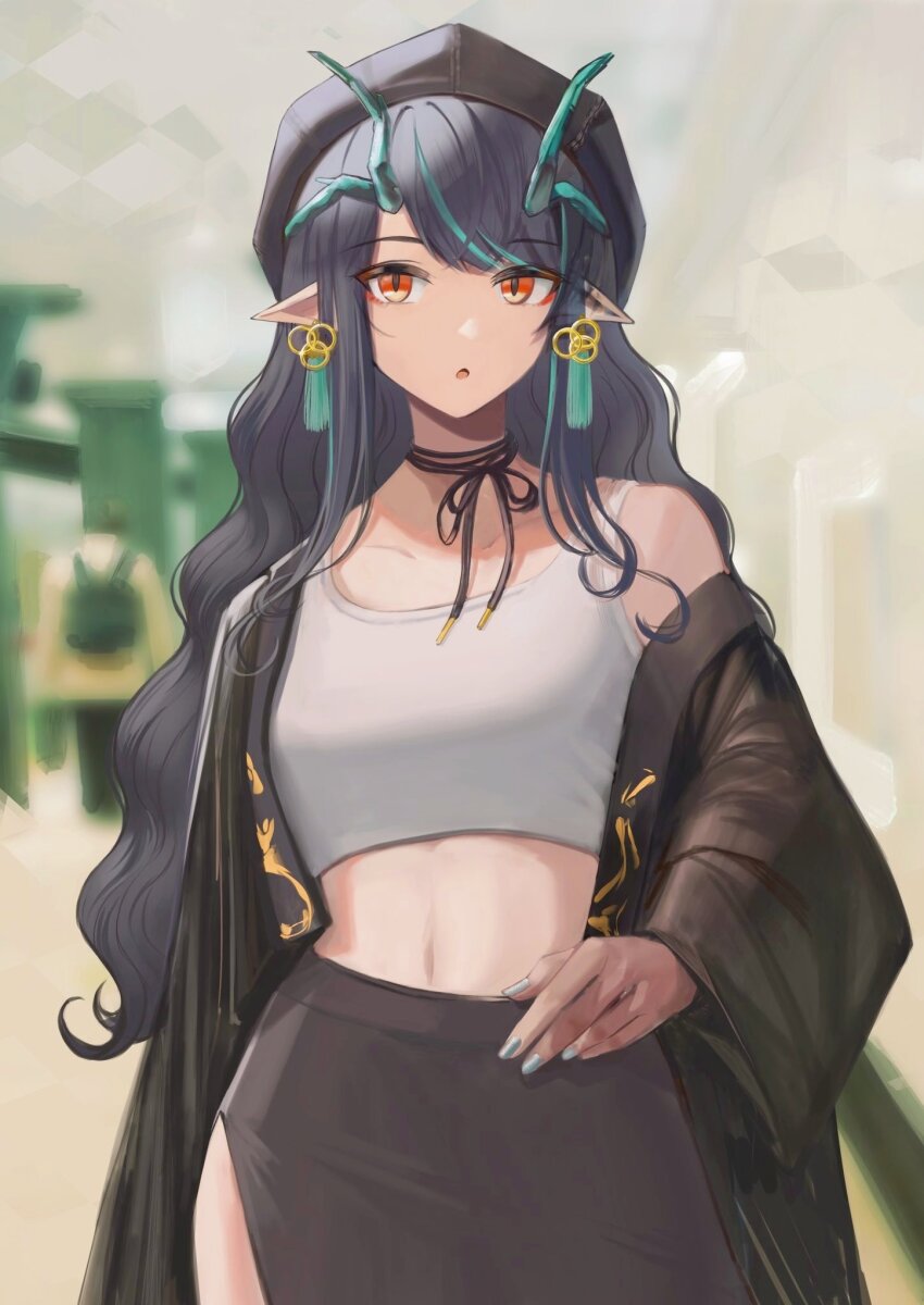 1girl, :o, aqua_hair, aqua_horns, arknights, beret, black_hat, blurry