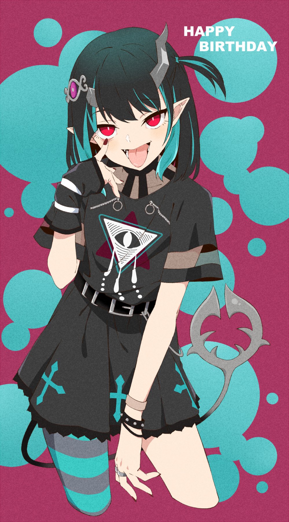 1girl, akanbe, akitetsu, belt, black_belt, black_dress, black_hair, blue_hair