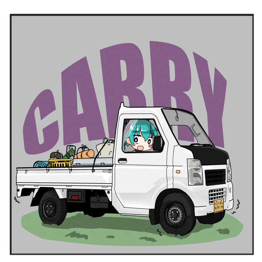 1girl, aqua_hair, blush_stickers, car, chibi, commentary, dora_(dr3032), english_text