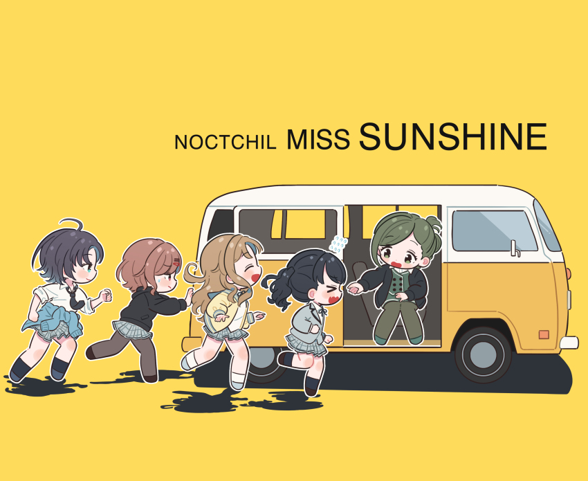 >_<, 5girls, absurdres, asakura_toru, black_hair, black_pantyhose, brown_hair, closed_eyes