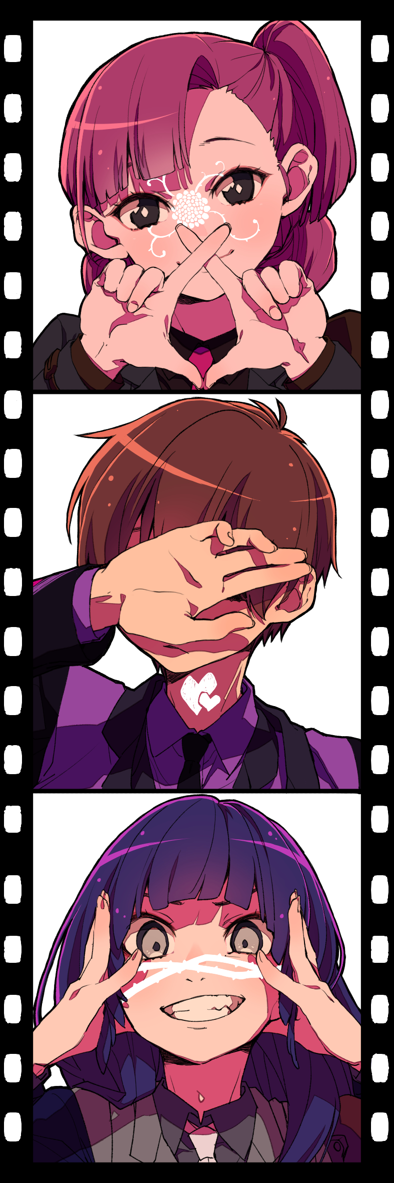 1boy, 2girls, black_eyes, black_necktie, black_shirt, bright_pupils, brown_hair, closed_mouth