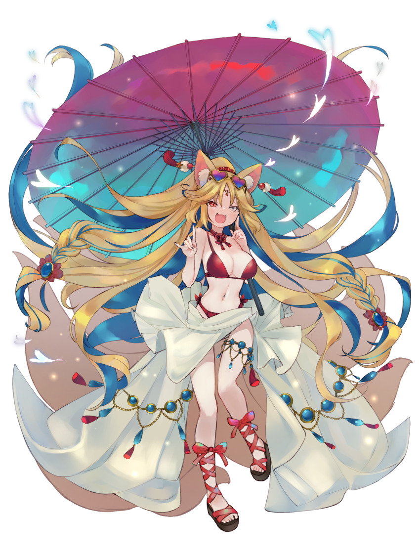 1girl, :d, airi_ganguru, animal_ear_fluff, animal_ears, bikini, blonde_hair, blue_hair