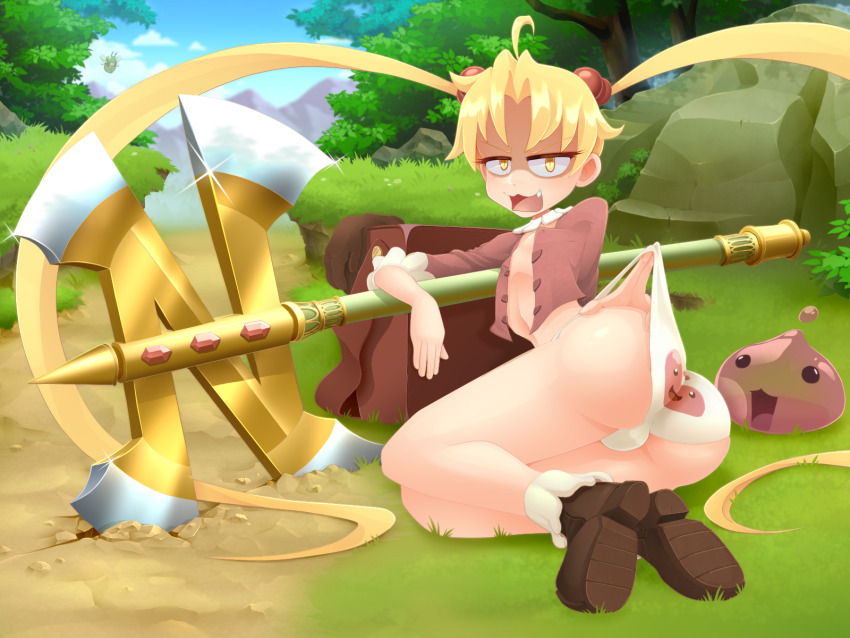 1girl, absurdly_long_hair, ahoge, ass, axe, back-print_panties, bag, blonde_hair, blue_sky, blush, breasts, brown_bag, brown_footwear, brown_shirt, bug, chonchon, cloud, commentary, daniel_renard, day, dirt_road, english_commentary, fang, full_body, glint, grass, hair_bobbles, hair_ornament, highres, long_hair, looking_at_viewer, lying, maya_(ragnarok_online), merchant_(ragnarok_online), mountain, no_pants, on_side, open_clothes, open_mouth, open_shirt, outdoors, panties, panty_lift, path, poring, print_panties, ragnarok_online, ragnarok_the_animation, road, rock, shaded_face, shirt, shoes, sky, slime_(creature), small_breasts, tree, twintails, underwear, v-shaped_eyebrows, very_long_hair, wedgie, white_panties, yellow_eyes