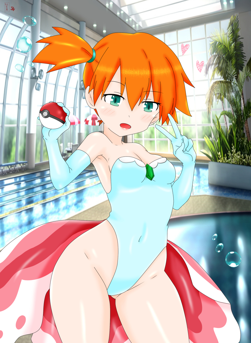 1girl, absurdres, breasts, cleavage, cosplay, gen_1_pokemon, goldeen, goldeen_(cosplay), highleg, highleg_leotard, highres, hong_jin_yu, leotard, medium_breasts, misty_(pokemon), nintendo, poke_ball, pokemon, pokemon_(anime), pokemon_(classic_anime), pokemon_ep043, pool, side_ponytail, white_leotard