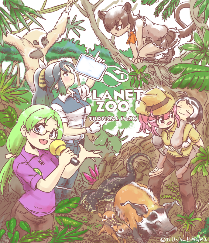 5girls, animal_ears, black_hair, blue_eyes, blue_hair, blush, breasts, character_check