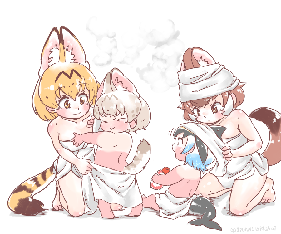4girls, after_bathing, aged_down, animal_ears, bare_shoulders, black_hair, blonde_hair, blue_hair