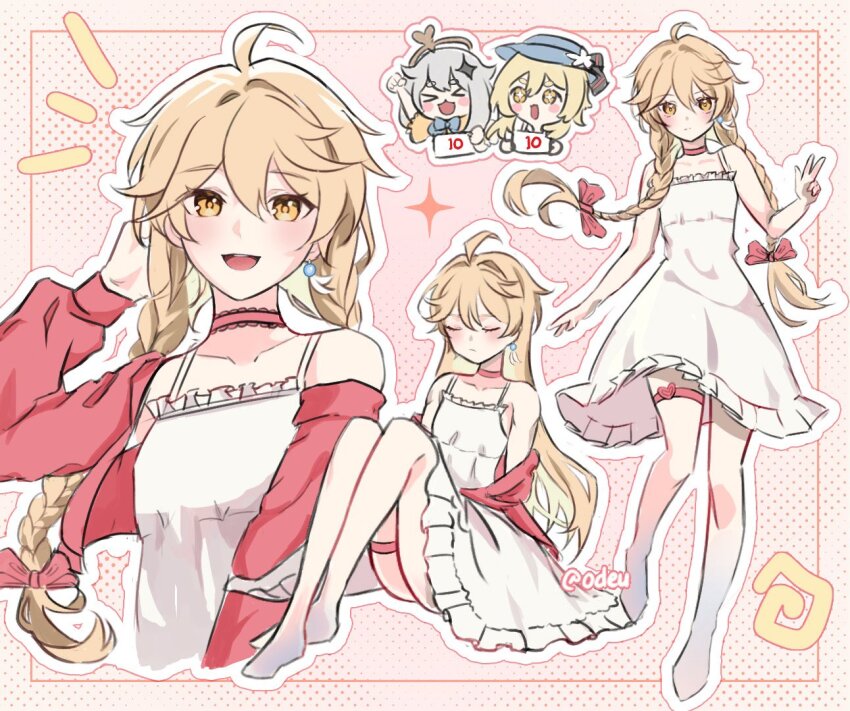 1boy, 2girls, aether_(genshin_impact), ahoge, blonde_hair, bow, braid, choker, crossdressing, double_bun, dress, earrings, full_body, genshin_impact, hair_bow, hair_bun, hane_(odeu), jacket, jewelry, long_hair, looking_at_viewer, lumine_(genshin_impact), multiple_girls, paimon_(genshin_impact), pink_background, pink_choker, spaghetti_strap, thigh_strap, trap, twin_braids, v, white_dress, yellow_eyes