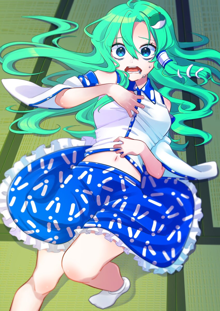 1girl, absurdres, blue_eyes, blue_skirt, commission, detached_sleeves, feet_out_of_frame, frog_hair_ornament