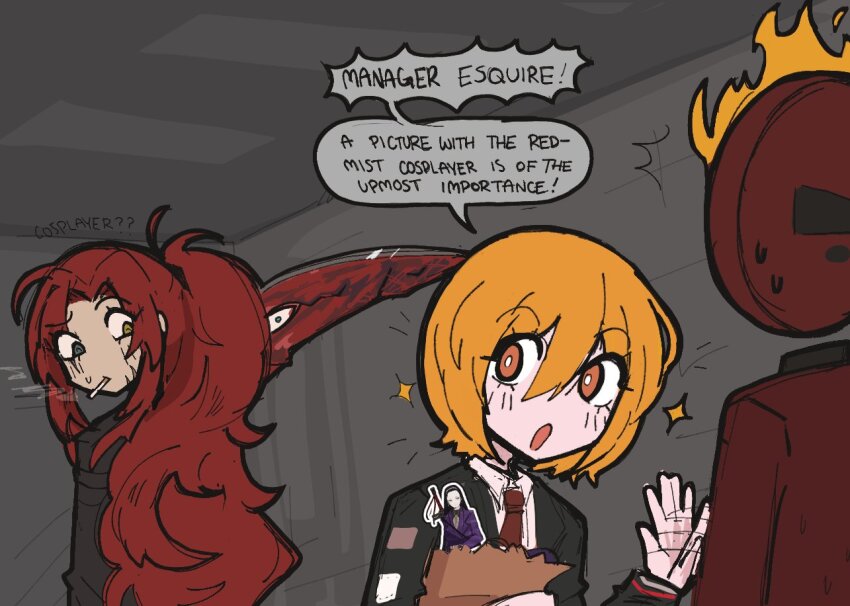 bag, black_hair, blonde_hair, cigarette, clock, collared_shirt, dante_(limbus_company), don_quixote_(project_moon), e.g.o_(project_moon), english_text, fire, fringe_trim, gebura_(project_moon), green_eyes, grey_eyes, heterochromia, holding, holding_sword, holding_weapon, iori_(project_moon), limbus_company, long_hair, mimicry_(e.g.o), necktie, official_art_inset, paper_bag, ponytail, project_moon, red_hair, red_necktie, scar, scar_on_face, shirt, smoking, star_(symbol), sweatdrop, sword, waving, weapon, white_shirt, yellow_eyes, yumeyuk0