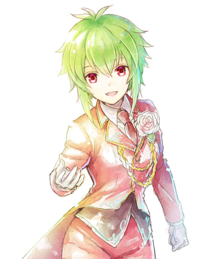 1girl, androgynous, asellus_(saga_frontier), boutonniere, flower, formal_clothes, gloves, green_hair