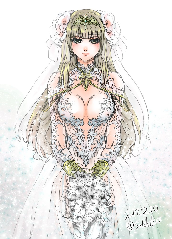 1girl, alicia_(valkyrie_profile_2), blonde_hair, blush, bouquet, breasts, bridal_veil, closed_mouth