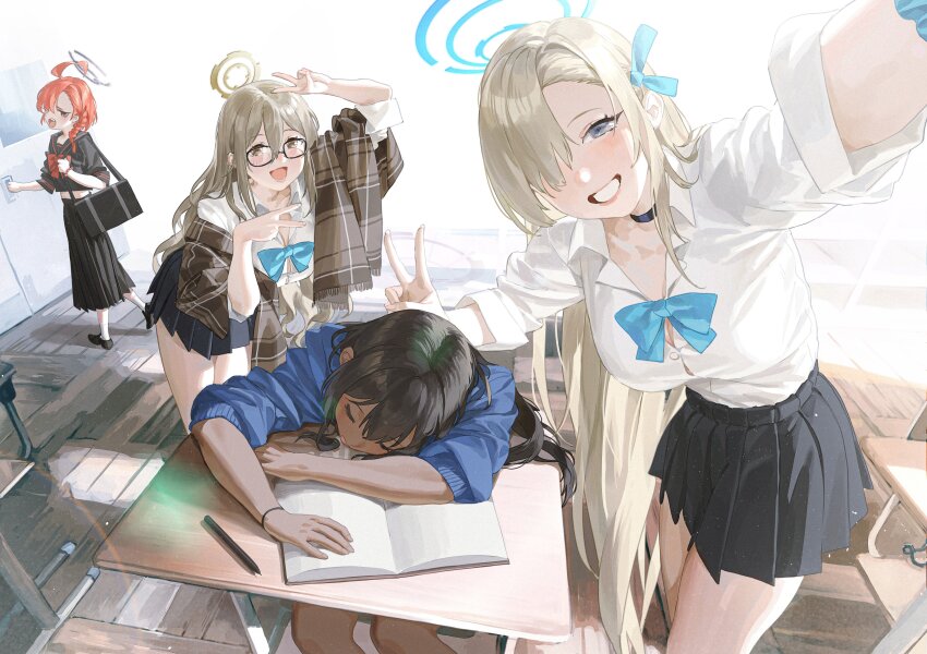 4girls, absurdres, ahoge, akane_(blue_archive), aqua_bow, aqua_bowtie, aqua_ribbon, aqua_scrunchie, asuna_(blue_archive), asuna_(school_uniform)_(blue_archive), asymmetrical_bangs, bag, bead_bracelet, beads, black-framed_eyewear, black_choker, black_footwear, black_hair, black_sailor_collar, black_serafuku, black_shirt, black_skirt, blue_archive, blue_shirt, blush, book, bow, bowtie, bracelet, braid, breasts, brown_eyes, brown_shawl, choker, cleaning_&amp;_clearing_(blue_archive), closed_eyes, collarbone, commentary, congming_lan, crop_top, cropped_shirt, dark-skinned_female, dark_skin, desk, double_v, dress, grey_eyes, hair_between_eyes, hair_over_one_eye, hair_ribbon, halo, head_on_table, head_rest, highres, huge_ahoge, indoors, jewelry, karin_(blue_archive), karin_(school_uniform)_(blue_archive), large_breasts, light_brown_hair, long_bangs, long_dress, long_hair, long_skirt, looking_at_viewer, lower_teeth_only, multiple_girls, neru_(blue_archive), open_mouth, orange_hair, pen, plaid_clothes, plaid_scarf, pleated_skirt, red_bow, red_bowtie, red_eyes, red_lips, ribbon, sailor_collar, scarf, school_desk, school_uniform, scrunchie, serafuku, shawl, shirt, short_hair, shoulder_bag, side_braid, sidelocks, sitting, skirt, sleeping, sleeves_rolled_up, socks, standing, teeth, tight_clothes, tight_shirt, upper_teeth_only, v, white_shirt, white_socks, wooden_floor
