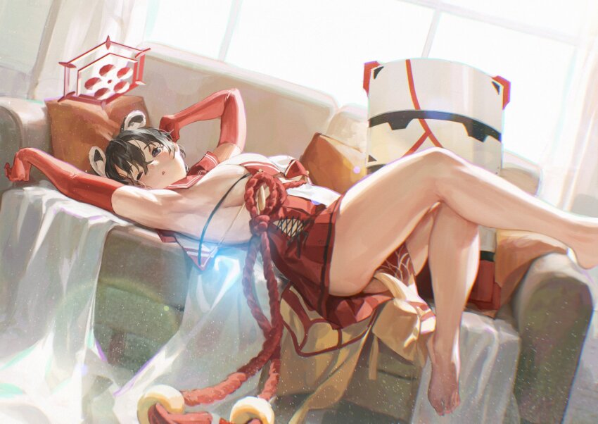 1girl, animal_ears, armpits, ballistic_shield, barefoot, black_eyes, black_hair, blue_archive, single_breast_curtain, breasts, congming_lan, couch, cross-laced_clothes, cross-laced_slit, crossed_bangs, day, elbow_gloves, gloves, hair_between_eyes, halo, high-waist_skirt, highres, indoors, large_breasts, leg_up, lying, no_shoes, on_back, on_couch, one_eye_closed, outstretched_arm, parted_lips, raccoon_ears, red_gloves, red_sailor_collar, red_skirt, revealing_clothes, rope, rope_belt, sailor_collar, shield, shimenawa, sideboob, sideless_outfit, sidelocks, skirt, tassel, thighs, tsubaki_(blue_archive)