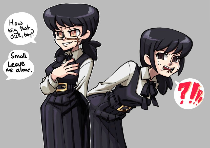 !?, 2girls, black_hair, chainsaw_man, cross_scar, dress, english_text, facial_scar