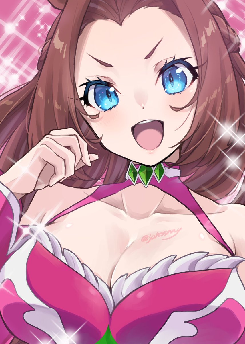 1girl, bare_shoulders, blue_eyes, breasts, brown_hair, cleavage, cleavage_cutout, clothing_cutout