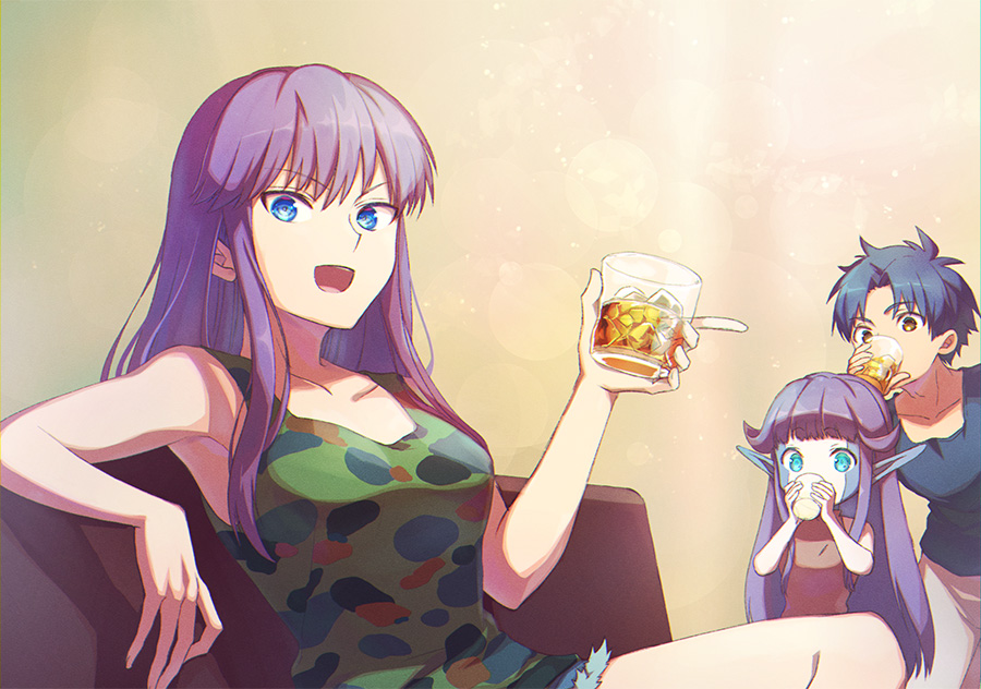 2girls, blue_eyes, breasts, camouflage, camouflage_shirt, cup, drink, drinking