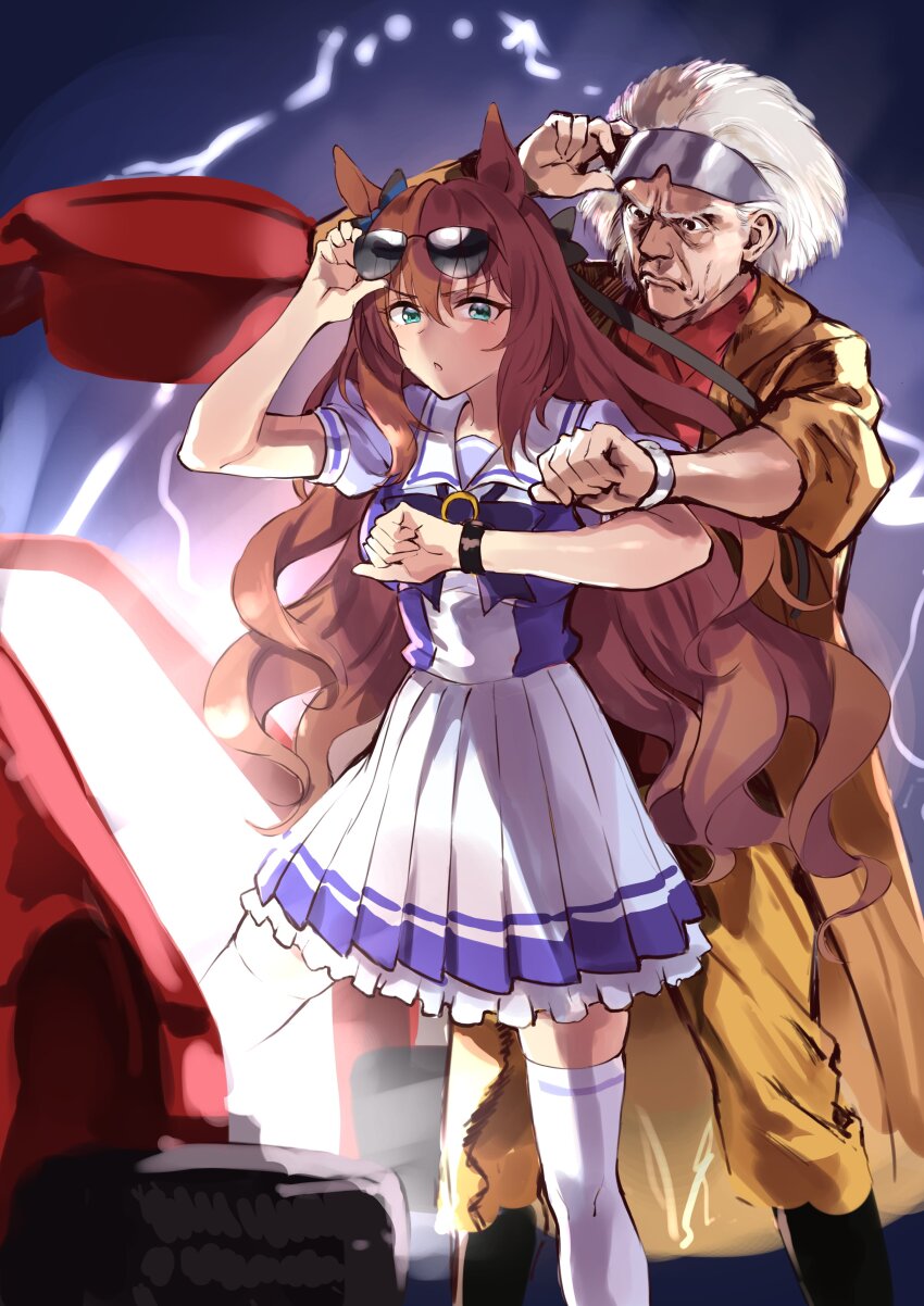 1boy, 1girl, absurdres, adjusting_eyewear, animal_ears, arm_up, back_to_the_future, back_to_the_future_part_ii