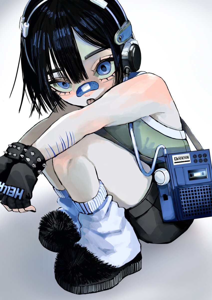 1girl, bandaid, bandaid_on_face, bandaid_on_nose, bare_arms, bare_shoulders, black_gloves, black_hair, black_shorts, black_slippers, blue_eyes, cable, cassette_player, cuts, fingerless_gloves, from_side, full_body, fur_footwear, gloves, green_shirt, headphones, highres, injury, long_bangs, looking_at_viewer, looking_to_the_side, loose_socks, original, own_hands_together, scar, self-harm, self-harm_scar, shirt, short_hair, shorts, simple_background, sleeveless, sleeveless_shirt, slippers, socks, solo, spiked_gloves, squatting, straight_hair, tongue, tongue_out, urokogaran, white_background, white_socks