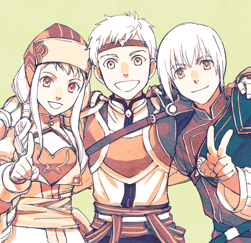 1girl, 2boys, braid, character_request, gensou_suikoden, gensou_suikoden_tierkreis, headband, hero_(suikoden_tierkreis)