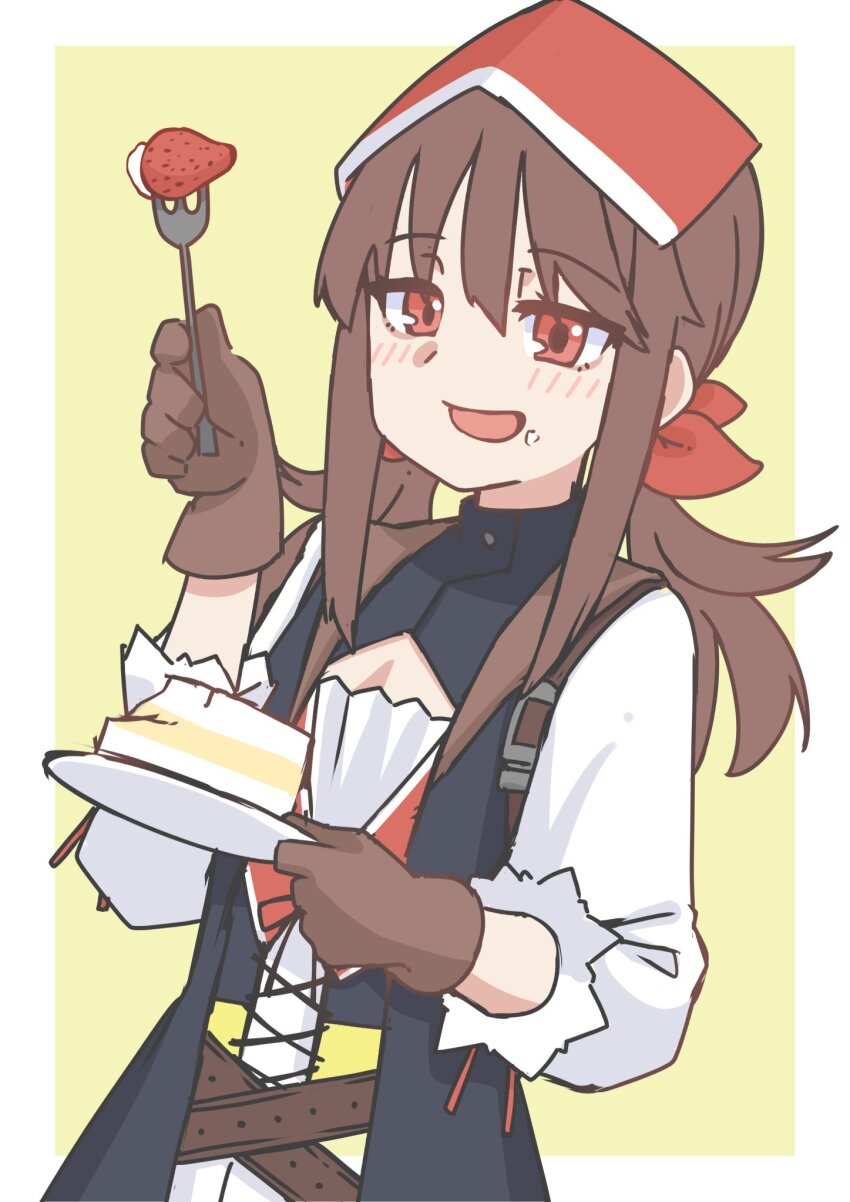 1girl, brown_gloves, brown_hair, cake, cleavage_cutout, clothing_cutout, commentary_request, falcon_(girls'_frontline)