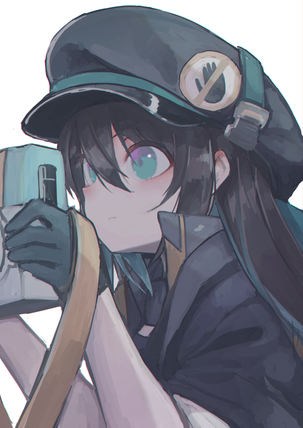 1girl, aqua_eyes, black_hair, camera, fara_83_(girls'_frontline), girls'_frontline, gloves, hair_between_eyes