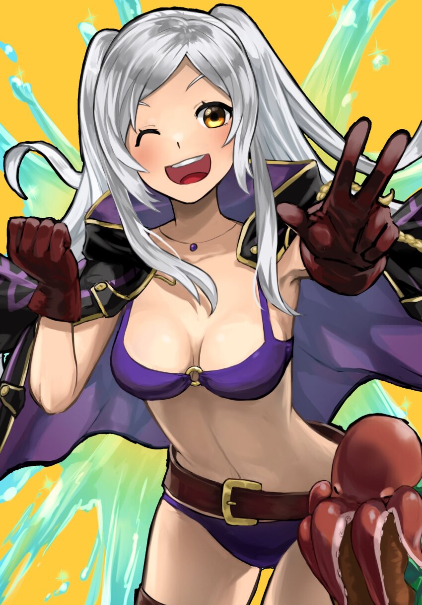 1girl, ;d, belt, bikini, bikini_under_clothes, black_coat, breasts, brown_belt