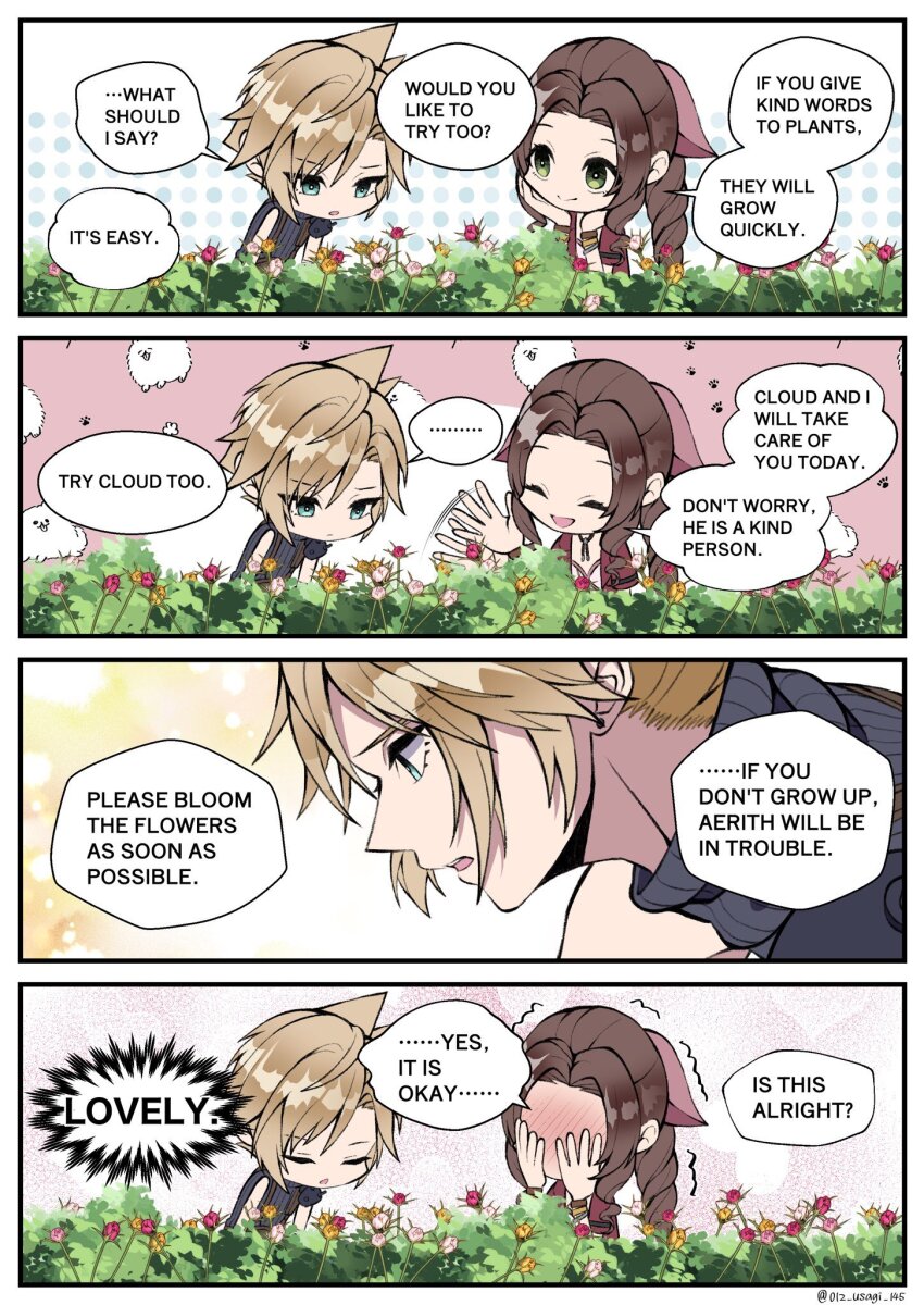 ..., 012_usagi, 1boy, 1girl, aerith_gainsborough, aqua_eyes, armor, bangle