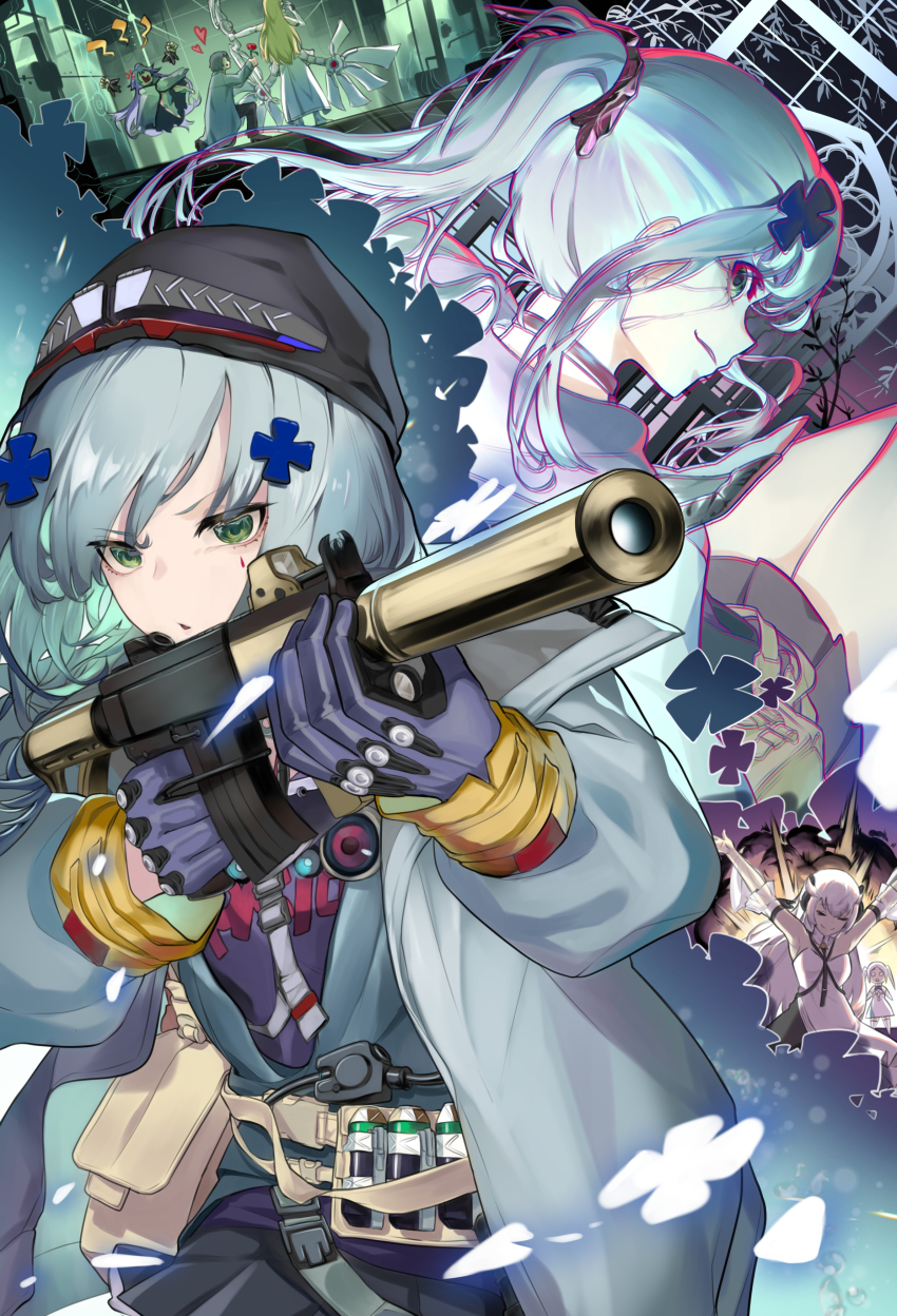 1boy, 6+girls, absurdres, ammunition, angelus_(neural_cloud), anti-materiel_cartridge, assault_rifle, beanie
