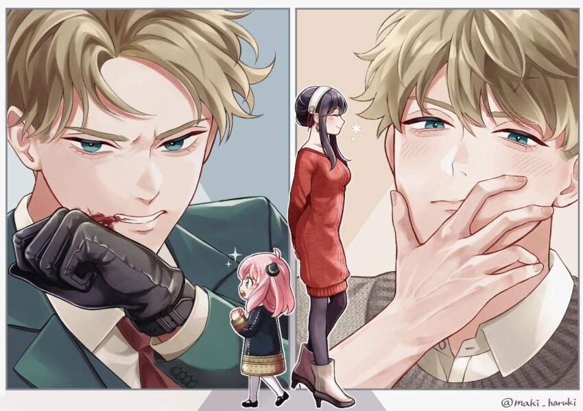 1boy, 2girls, ahoge, anya_(spy_x_family), arms_behind_back, black_dress, black_footwear, black_gloves