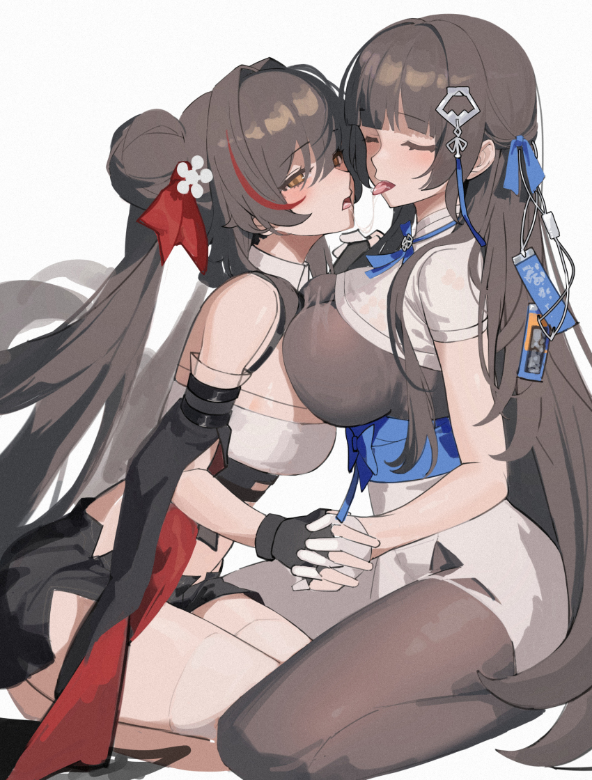 2girls, absurdres, after_kiss, breast_on_breast, breasts, brown_hair, closed_eyes, daiyan_(neural_cloud), fingerless_gloves, girls'_frontline, girls'_frontline_neural_cloud, gloves, hair_bun, hair_over_eyes, hair_ribbon, henz, highres, holding_hands, interlocked_fingers, jiangyu_(neural_cloud), large_breasts, long_hair, multiple_girls, open_mouth, orange_eyes, pantyhose, ribbon, saliva, saliva_trail, simple_background, thighhighs, tongue, twintails, type_95_(girls'_frontline), type_97_(girls'_frontline), very_long_hair, white_background, white_thighhighs, yuri