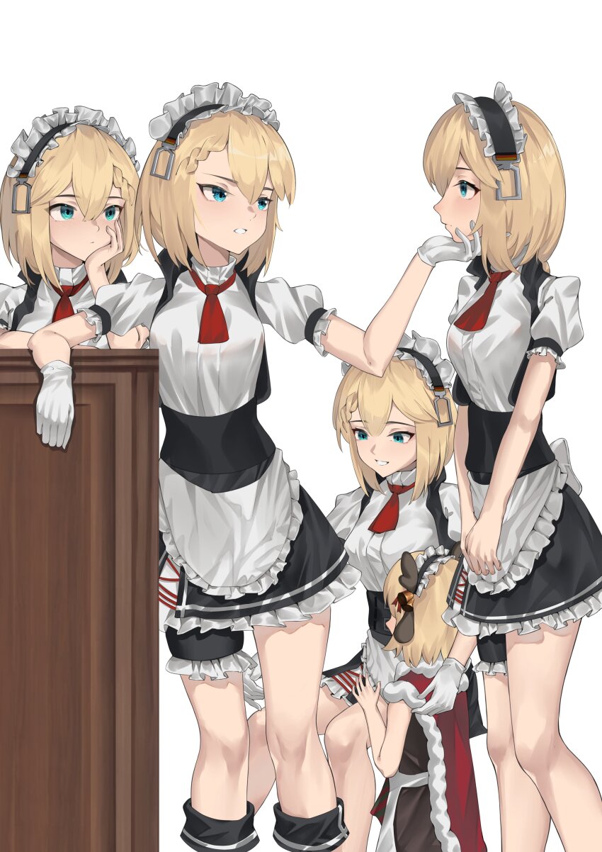 5girls, absurdres, aged_down, apron, black_skirt, blonde_hair, blue_eyes, breasts, clone, commentary_request, dress, frilled_apron, frilled_dress, frilled_shirt, frills, g36_(every_child's_x'mas_dream)_(girls'_frontline), g36_(girls'_frontline), girls'_frontline, gloves, grabbing_another's_chin, hair_between_eyes, hand_on_another's_chin, head_rest, highres, looking_at_another, maid_headdress, medium_breasts, multiple_girls, necktie, puffy_short_sleeves, puffy_sleeves, red_necktie, rspvo_neva, shirt, short_sleeves, simple_background, sitting, skirt, standing, waist_apron, white_apron, white_background, white_gloves, white_shirt