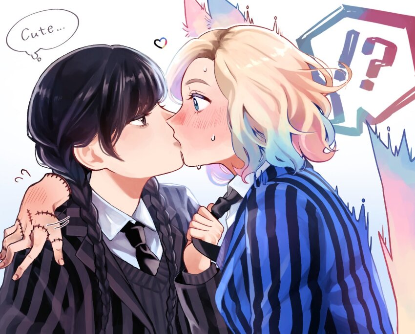 !?, the_addams_family, animal_ears, black_hair, black_jacket, black_necktie, black_sweater, blonde_hair, blue_eyes, blue_hair, blue_jacket, blush, braid, clothes_grab, collared_shirt, disembodied_hand, enid_sinclair, gradient_hair, grey_eyes, hair_over_shoulder, jacket, kiss, long_hair, maki_haruki, multicolored_hair, necktie, necktie_grab, neckwear_grab, parted_bangs, pink_hair, shirt, short_hair, striped_clothes, striped_jacket, sweatdrop, sweater, tail, thing_(the_addams_family), twin_braids, upper_body, wednesday_(netflix), wednesday_addams, white_shirt, wolf_ears, wolf_girl, wolf_tail, yuri