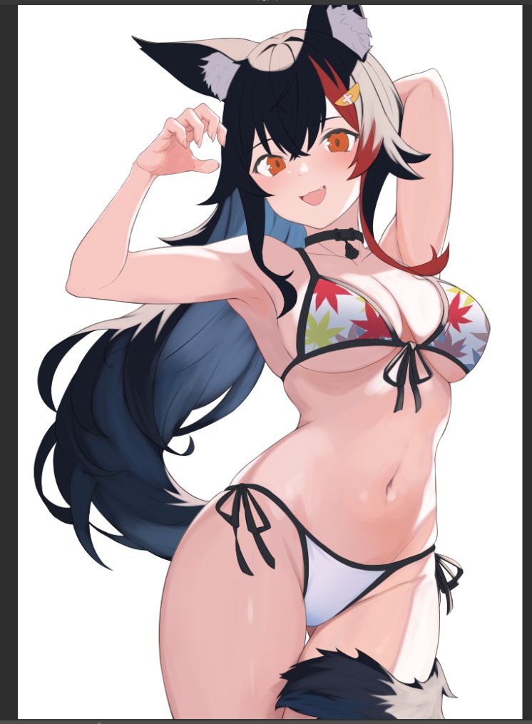 1girl, animal_ear_fluff, animal_ears, bikini, black_hair, breasts, cleavage, front-tie_bikini_top