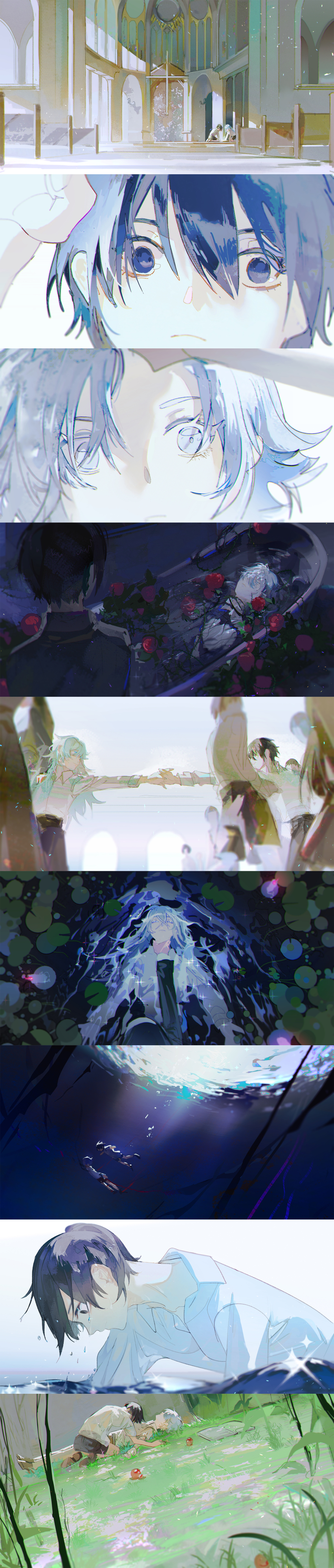 2boys, absurdres, asphyxiation, bai_liu, bathtub, black_hair, blood, child, cross, crowd, crying, crying_with_eyes_open, death, diffraction_spikes, drowning, faceless, faceless_female, faceless_male, flower, highres, holding_hands, i_became_a_god_in_a_horror_game, indoors, kakin666, long_hair, long_image, looking_at_another, male_focus, multiple_boys, partially_submerged, partially_underwater_shot, profile, red_flower, red_rose, rose, sad, shirt, short_hair, sparkle, submerged, tall_image, tavel, tears, underwater, wading, white_hair, white_shirt