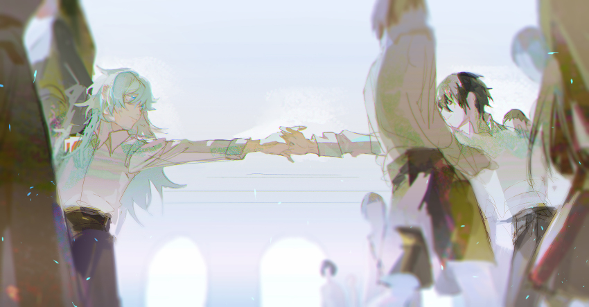 2boys, absurdres, bai_liu, black_hair, crowd, faceless, faceless_female, faceless_male