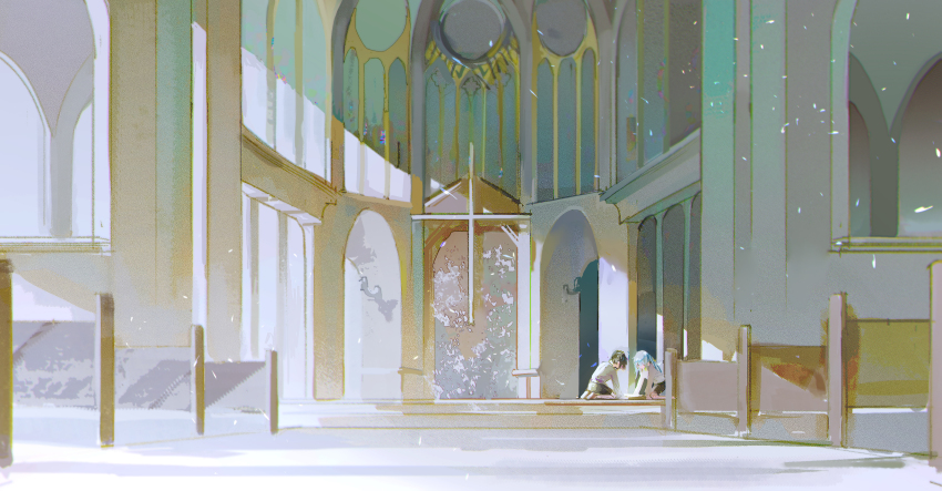 2boys, absurdres, bai_liu, black_hair, child, close-up, cross, full_body, highres, i_became_a_god_in_a_horror_game, indoors, kakin666, multiple_boys, scenery, short_hair, sparkle, tavel, very_wide_shot, white_hair, wide_shot