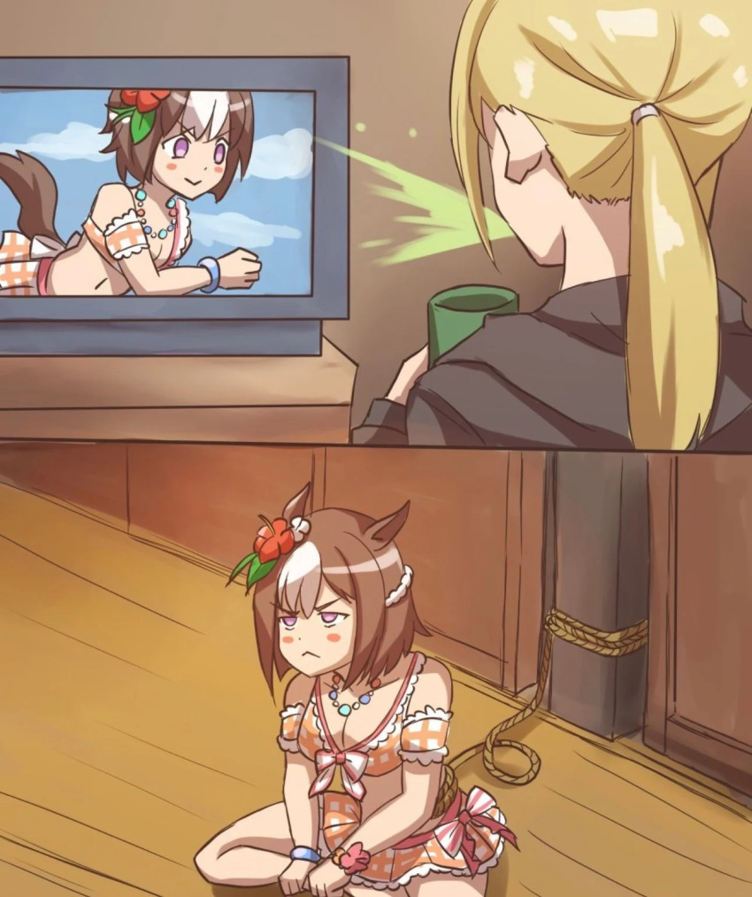 2girls, 2koma, :<, bikini, bikini_skirt, black_hoodie, blonde_hair, blush_stickers