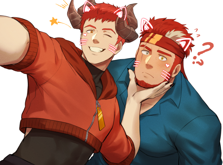 2boys, ?, animal_ears, bara, beard, black_nails, blue_shirt, cat_ears