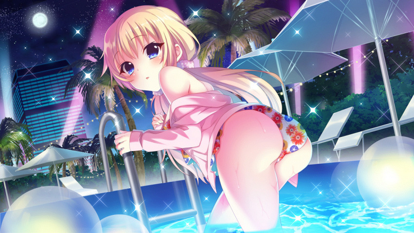1girl, ass, ass_focus, ball, bare_shoulders, beach_umbrella, beachball, blue_eyes