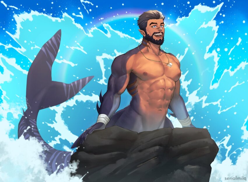 abs, artist_name, bara, beard, blue_background, blue_eyes, blue_sky, brown_hair