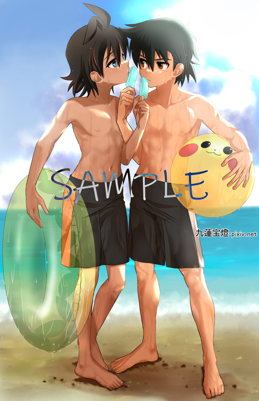 2boys, absurdres, alternate_costume, antenna_hair, ash_ketchum, ball, barefoot, beachball