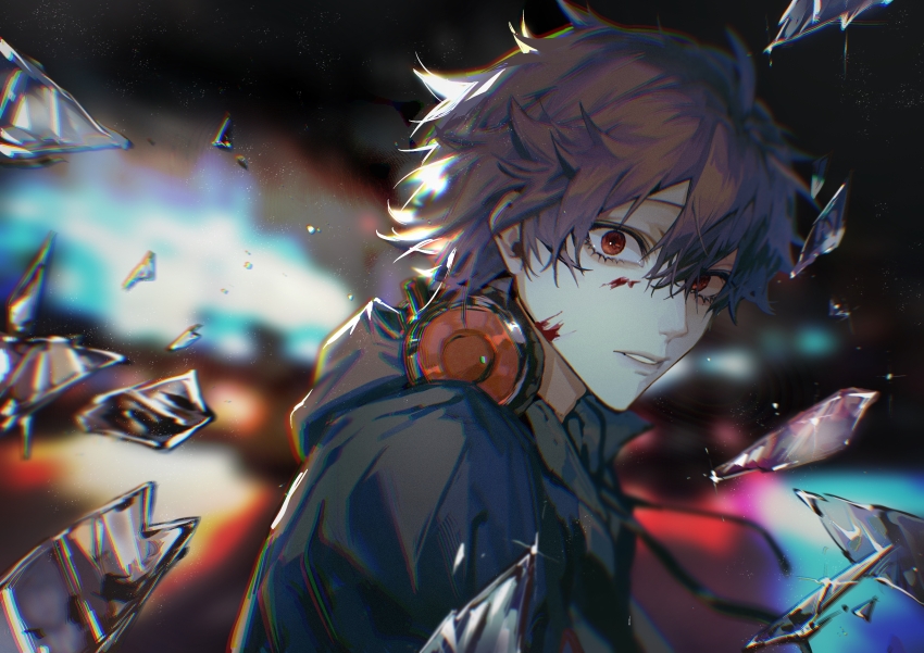 1boy, absurdres, blood, blood_on_face, blurry, blurry_background, broken, brown_hair