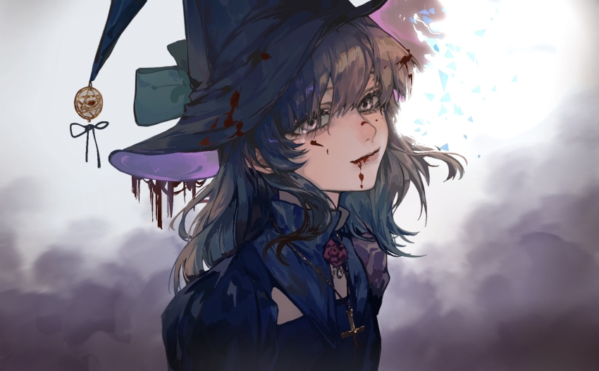 1girl, black_hair, blood, blood_on_clothes, blood_on_face, flower, hat, highres, i_became_a_god_in_a_horror_game, liu_jiayi, long_hair, looking_at_viewer, red_flower, red_rose, rose, shengshu492, smile, smoke, solo, upper_body, witch_hat