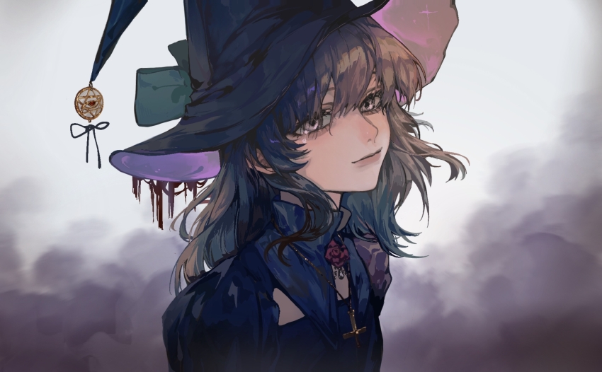 1girl, black_hair, flower, hat, highres, i_became_a_god_in_a_horror_game, liu_jiayi, long_hair, looking_at_viewer, red_flower, red_rose, rose, shengshu492, smile, smoke, solo, upper_body, witch_hat