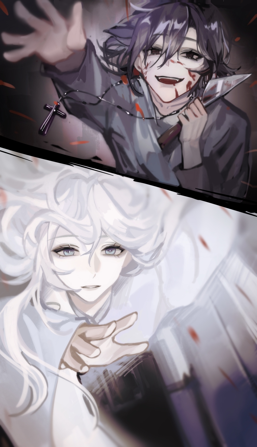 2boys, absurdres, bai_liu, black_hair, blood, blood_on_face, cross, cross_necklace