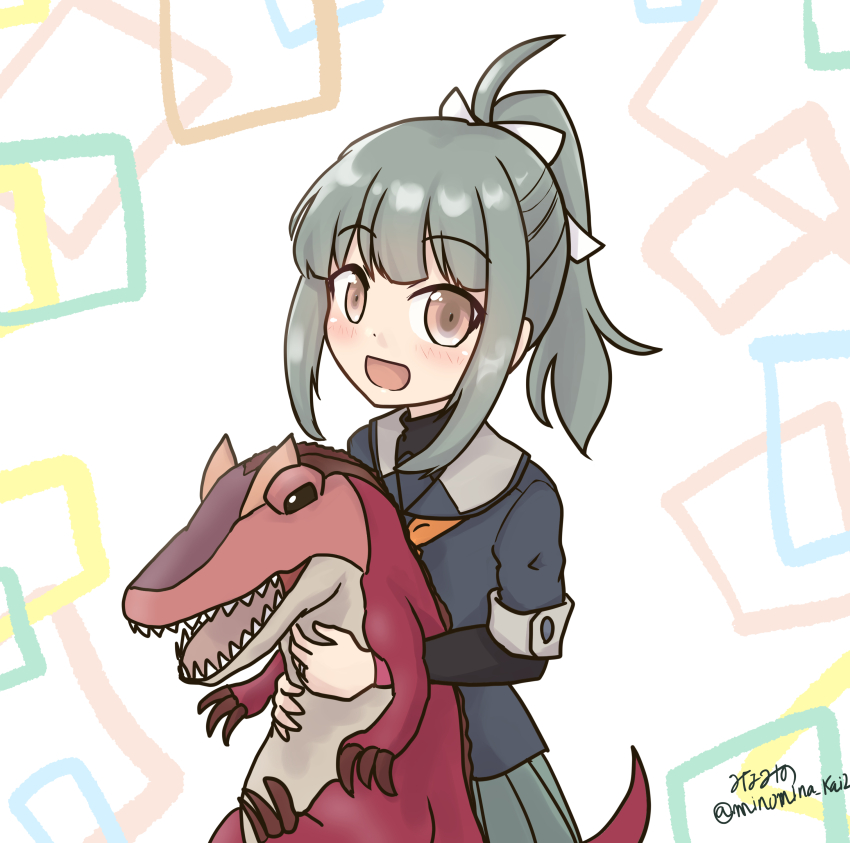 1girl, absurdres, blue_serafuku, bow, brown_eyes, hugging_doll, dragon, green_hair